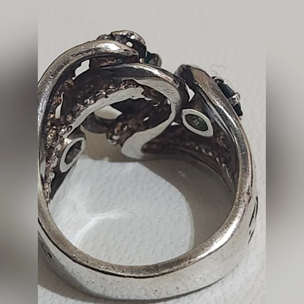 Vintage Sterling Silver Brutalist Ring Green Stones 1970 - Picture 9 of 13